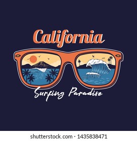 Summer sunglasses reflective ocean wave sea beach surfing paradise view palm sunset mountain California. Vintage fashion illustration surfing vacation style clothes print design t shirt sticker badge