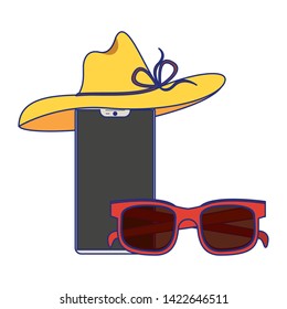 Summer sunglasses and smartphone with hat cartoons vector illustration graphic design