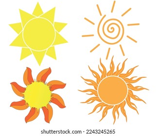 Summer, sunlight, nature, Sun set Yellow sun star icons collection. Vector illustration isolated on white background.