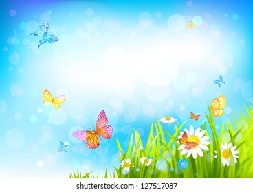 Summer sunny background with with beautiful flowers and butterflies