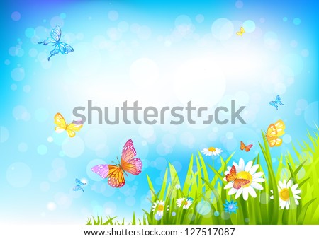 Summer sunny background with with beautiful flowers and butterflies