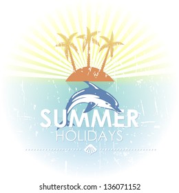 Summer sunny background in retro style. Vintage design - an island with palm trees and a dolphin