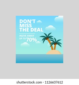 Summer sunny beach banner with red starfish on sand under palm trees. Sea landscape in cartoon style for resort vacation and traveling concept, vector illustration
