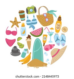 Summer sunny beach set of elements in the shape of a circle. Cocktails, surfboard, swimsuit, bag, slates, sunscreen, camera, coffee, fruit, glasses, ice cream. Vector collection of holiday cliparts.