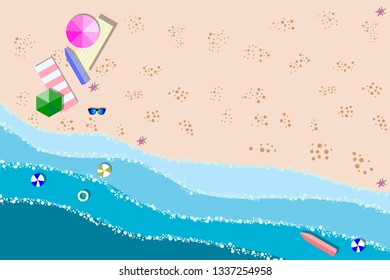 Summer sunny beach with umbrellas. Sea waves Top view. Travel, vacation, holidays concept. 
