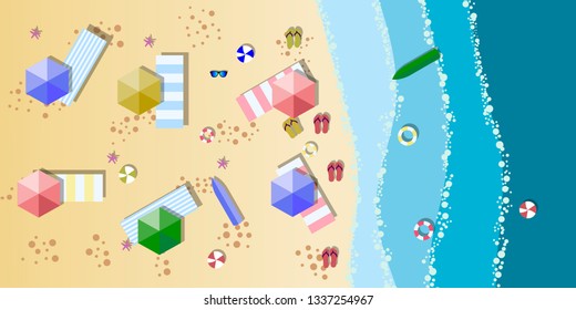 Summer sunny beach with umbrellas. Sea waves Top view. Travel, vacation, holidays concept. 
