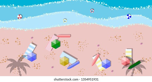 Summer sunny beach with umbrellas. Sea waves Top view. Travel, vacation, holidays concept. 