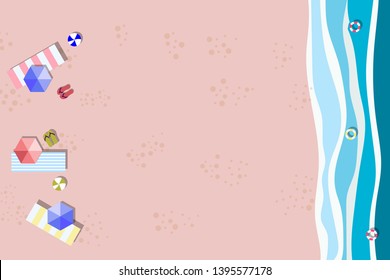 Summer sunny beach with umbrellas. Sea waves Top view. Travel, vacation, holidays concept