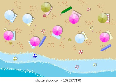 Summer sunny beach with umbrellas. Sea waves Top view. Travel, vacation, holidays concept