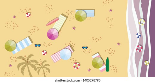 Summer sunny beach with umbrellas. Sea waves Top view. Travel, vacation, holidays concept