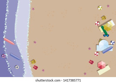 Summer sunny beach with umbrellas. Sea waves Top view. Travel, vacation, holidays concept