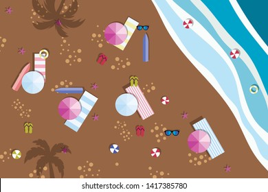 Summer sunny beach with umbrellas. Sea waves Top view. Travel, vacation, holidays concept