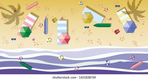 Summer sunny beach with umbrellas. Sea waves Top view. Travel, vacation, holidays concept