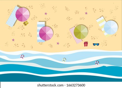 Summer sunny beach with umbrellas. Sea waves Top view. Travel, vacation, holidays concept