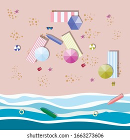 Summer sunny beach with umbrellas. Sea waves Top view. Travel, vacation, holidays concept
