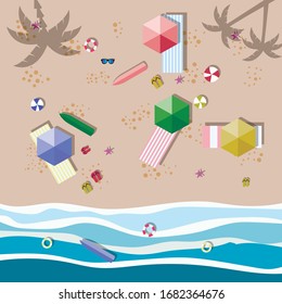Summer sunny beach with umbrellas. Sea waves Top view. Travel, vacation, holidays concept