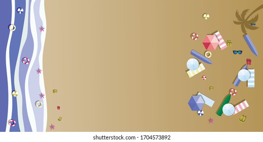 Summer sunny beach with umbrellas. Sea waves Top view. Travel, vacation, holidays concept