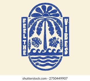 Summer sunny day artwork. Ocean wave surfing club print design for t shirt, poster, sticker and others. Abstract Summer design. 