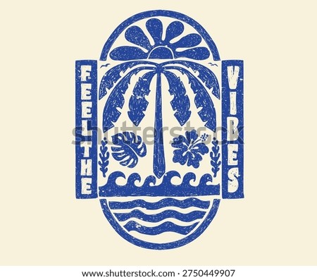 Summer sunny day artwork. Ocean wave surfing club print design for t shirt, poster, sticker and others. Abstract Summer design. 