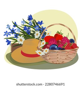 Summer sunny day. Basket of berries, straw hat and flowers. Vector illustration.