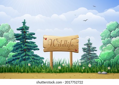 summer sunny day horizontal scene. flower fields, green glade, blue sky, wooden sign in grass and ladybugs. forest banner or nature background vector illustration. countryside cartoon landscape.