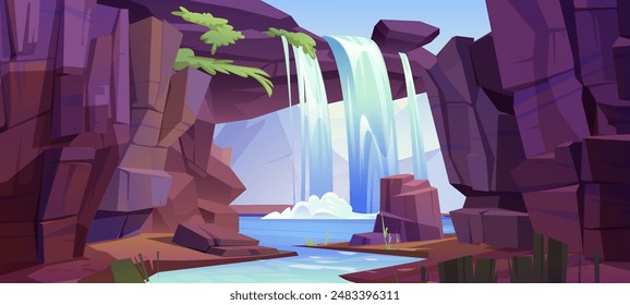 Summer sunny day landscape with high rocky cliff mountains and waterfall. Cartoon vector illustration scenery with river stream water falling from stone hills. Wilderness scene with canyon peak.