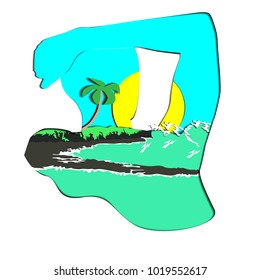 Summer sunny day at the sea against the background of a silhouette of the person, the color vector drawing, in papercut style