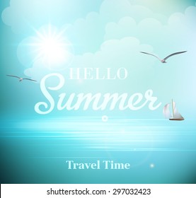 Summer sunny day with views of the sea with seagulls and a sailboat. EPS 10
