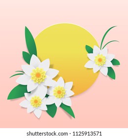 Summer sunny disk frame with empty space for your text. Yellow frame with blooming  spring flowers (daffodils, lilies). In summer yellow, peach colors. Vector design for invitations, wedding cards.