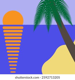Summer sunny evening. Palm tree on sandy beach. Image can be a banner, flyer or postcard.