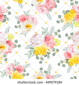 Summer sunny floral seamless vector pattern. Peony, wild rose, narcissus, carnation, pink and yellow flowers. Simple dotted backdrop with diagonal lines and small princess crowns.