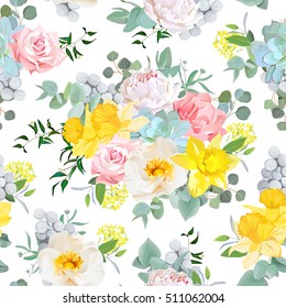 Summer sunny floral seamless vector pattern. Peony, rose, narcissus, carnation, echeveria succulent, brunia, pink and yellow flowers.