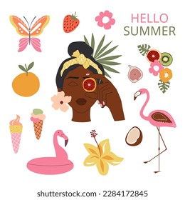 Summer sunny fruity clipart. Black young woman face. Butterfly, fruits, tropical exotic leaves and flowers, flamingo, ice-cream. Sticker pack. Square banner, card. Hello summer lettering.