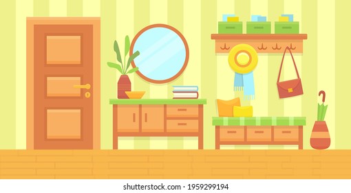 Summer sunny hall interior. Cozy home hallway with door, mirror and modern furniture. House entrance background. Flat colorful vector illustration.