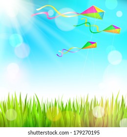 Summer sunny landscape with green grass and colorful kites flying in the sky - vector illustration