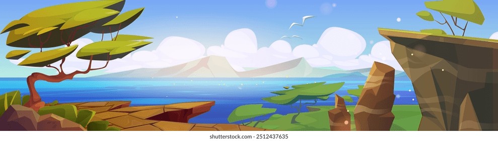 Summer sunny landscape with green trees and grass on cliff shore of lake or river and rocky mountains on horizon. Cartoon vector illustration of panoramic countryside scene with pond and hills.