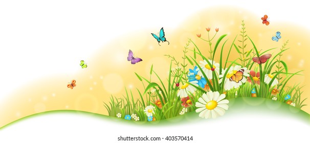 Summer sunny meadow banner with grass, colorful flowers and butterflies