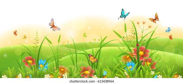 Summer sunny meadow banner with green grass, flowers and butterflies