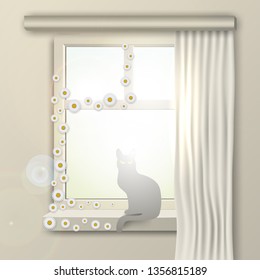 In the summer sunny morning, a cat sits on a window with flowers. Vector illustration.