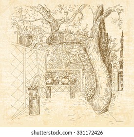 Summer sunny patio in art doodle style pen. Hand drawn vector sketch with canvas textured background.
