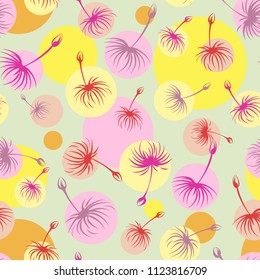 Summer Sunny seamless print with dandelions and circles. Flying fluff of a spring plant.