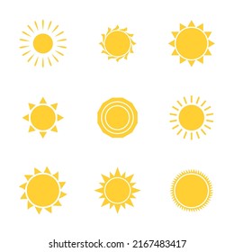Summer sunny shape. Sun icon set. Star symbol. Sunbeam silhouette. Temperature logo. Sunlight symbol. Sunrise light. Nature background. App solar design element. Summer ray. Vector illustration.