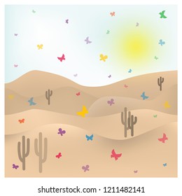 Summer sunny sultry landscape. Flying butterflies on the background of sand dunes. Hot desert. Colorful butterflies