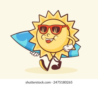 Sommer Sunny Surfing Retro Cartoon Charakter Label. Groovy Sun mit Surf Opslagstavle Illustration. Strandpersonage Spaziergang Lächelnde Klassische Vektorgrafik Zeichnen Logo Poster. isoliert