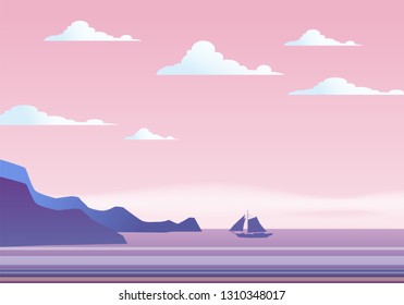 Summer sunny tropical backgrounds seascape with seaside, mountanes sky horison, sunset. Vector illustration, isolated, template