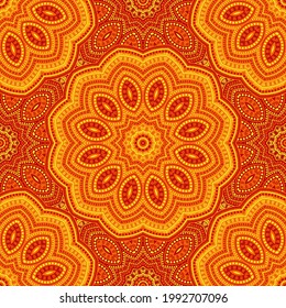 Summer sunny yellow orange red seamless patter. Multiple scrolls seamless fabric pattern, textile background with swirl shapes in yellow orang colors. Abstract floral geometric sun star ornament.