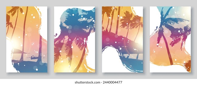 Summer sunrise beach background set with palm trees and brush stroke layouts. Vector illustration.