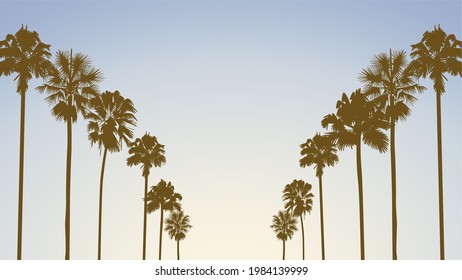 Summer sunrise beach. Palm tree silhouette. Los Angeles, California, Hollywood. Design of social media, banner, poster, newsletter, advertisement, leaflet, placard, brochure, wallpaper, t-shirt, flyer