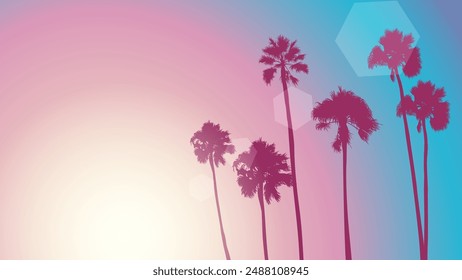 Summer sunrise beach. Palm tree silhouette. Los Angeles, California, Hollywood. Design of social media, banner, poster, newsletter, advertisement, leaflet, placard, brochure, wallpaper, t-shirt, flyer