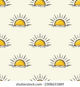 Summer sunrise icon seamless pattern. Hand drawn logo half sun rising over sea or ocean. CMYK color mode ready to print.